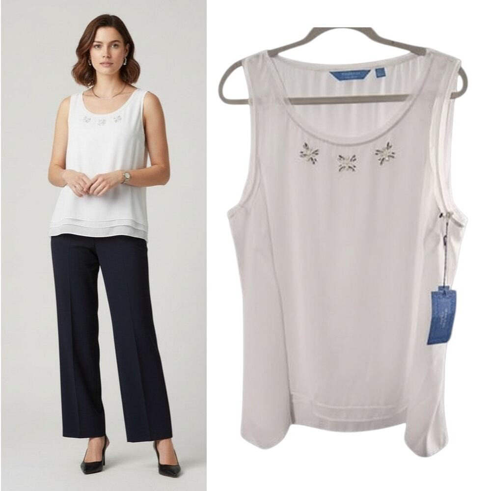 Vera Wang Chiffon Shell Top Women's Sz XL White Layered Sleeveless Embellished